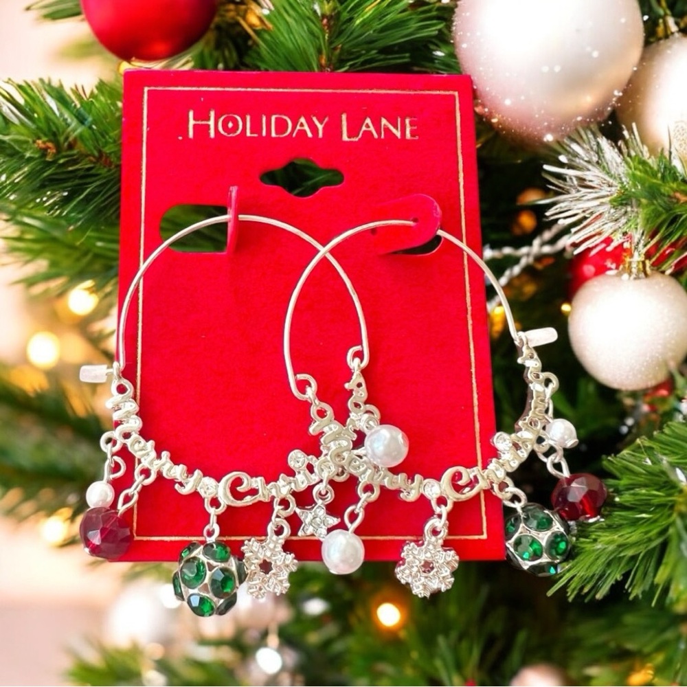 Hoop Earring Merry Christmas Holiday Lane Silver Tone Multicolor 1.5in X 2in New